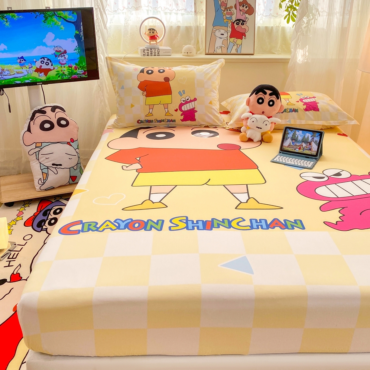 91家纺网 家纺一手货源 找家纺 博雅 2026新款蜡笔小新正版授权全棉纯棉大版床笠单件床笠单品单床笠 大版-奶白格子小新