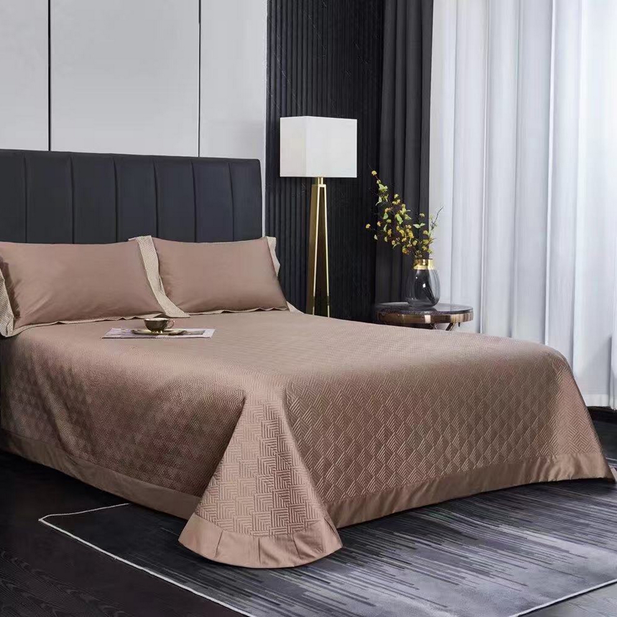 91家纺网 家纺一手货源 找家纺 edra 2026新款纯棉长绒棉轻奢绣花床盖款四件套-罗马假日 罗马假日-金棕