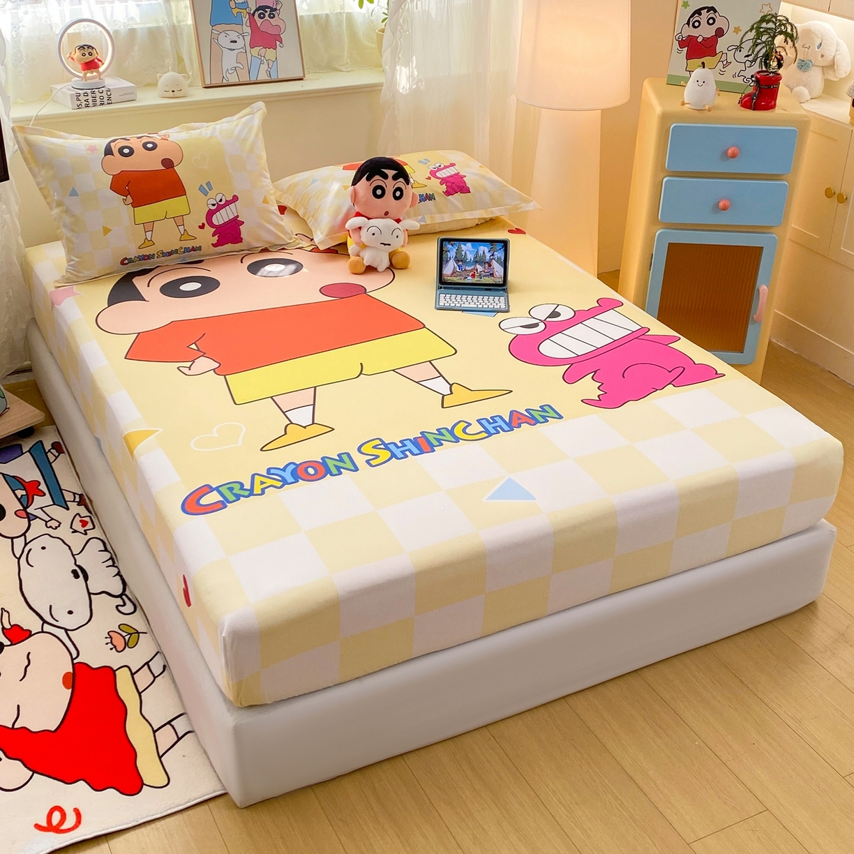 91家纺网 家纺一手货源 找家纺 博雅 2026新款蜡笔小新正版授权全棉纯棉大版床笠单件床笠单品单床笠 大版-奶白格子小新