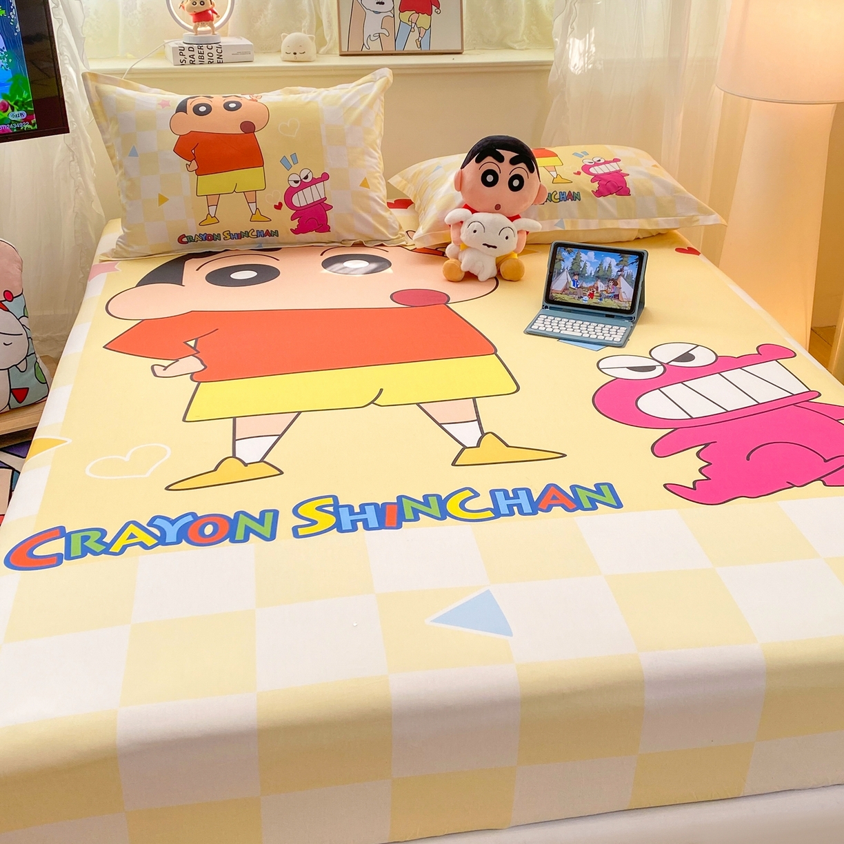 91家纺网 家纺一手货源 找家纺 博雅 2026新款蜡笔小新正版授权全棉纯棉大版床笠单件床笠单品单床笠 大版-奶白格子小新