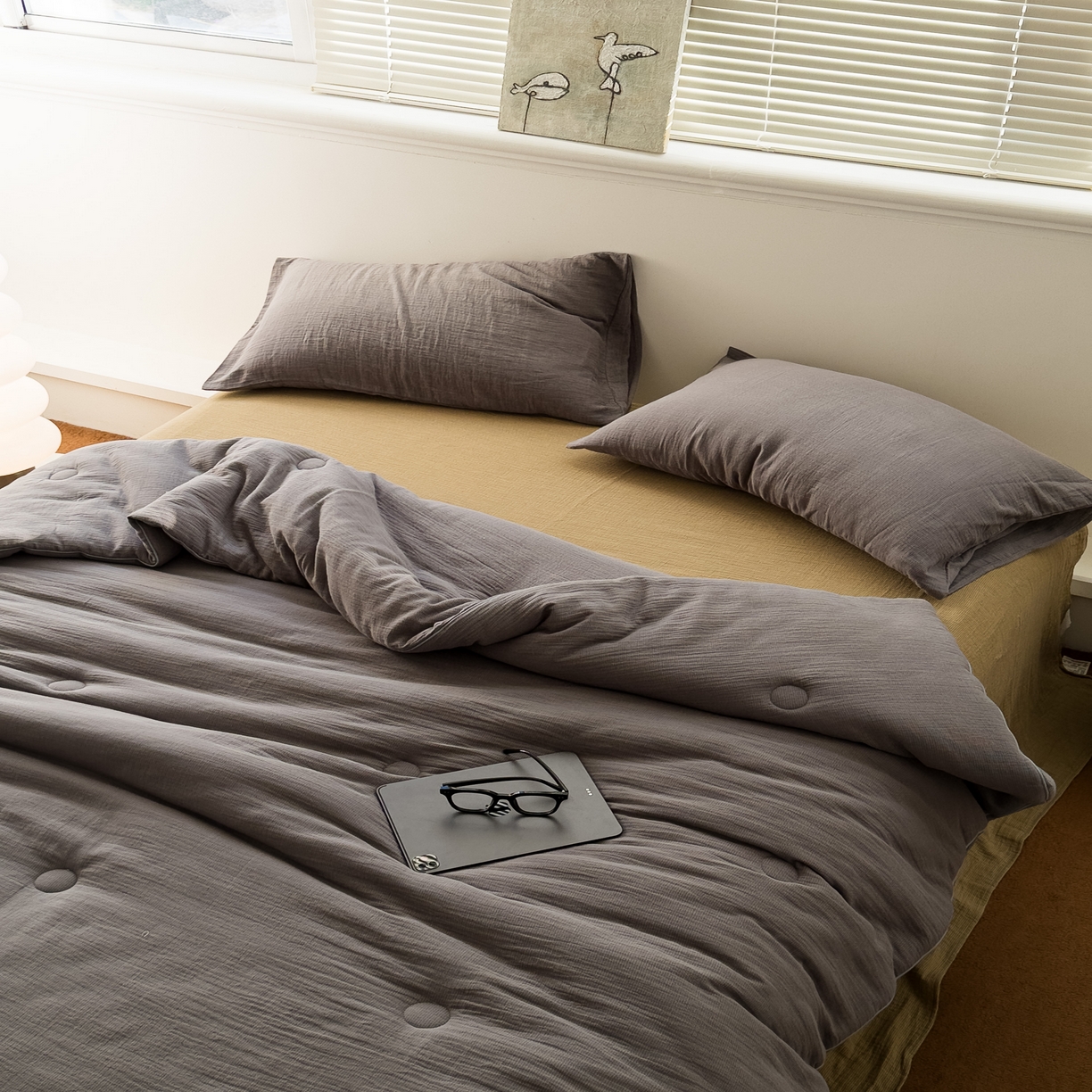 91家纺网 家纺一手货源 找家纺 棉小二 2026新款全棉大豆纤维冬被春秋被 千鸟格 灰