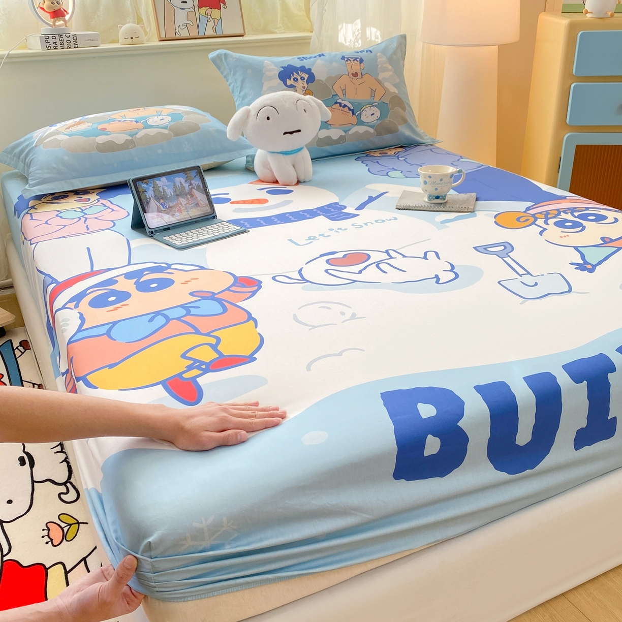 91家纺网 家纺一手货源 找家纺 博雅 2026新款蜡笔小新正版授权全棉纯棉大版床笠单件床笠单品单床笠 大版-顽皮冬日小新