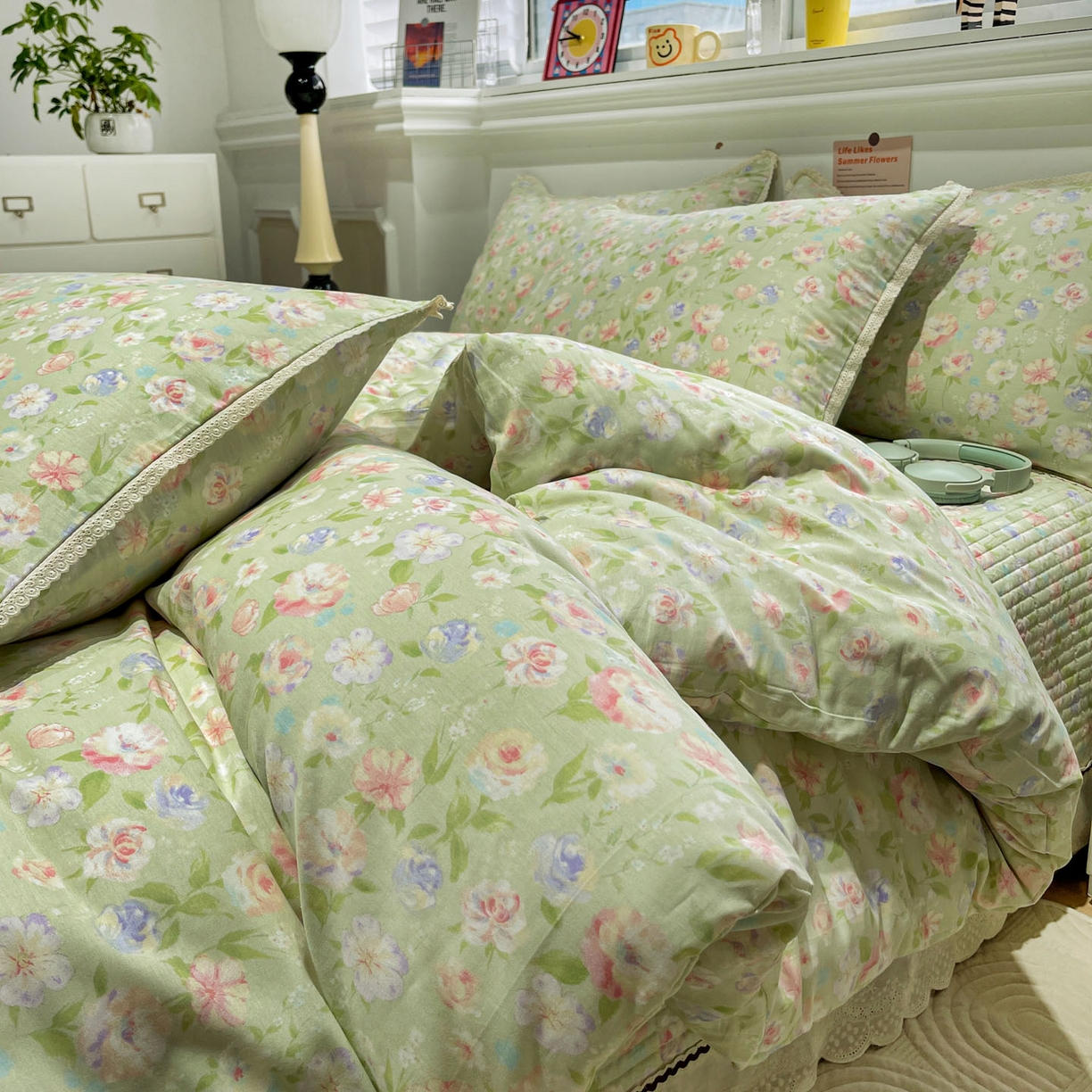 91家纺网 家纺一手货源 找家纺 娜朵家纺 2026新款全棉印花床盖四件套 春晓绿