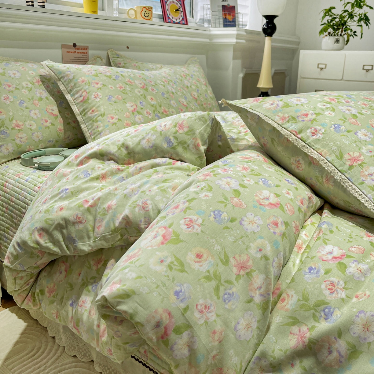 91家纺网 家纺一手货源 找家纺 娜朵家纺 2026新款全棉印花床盖四件套 春晓绿