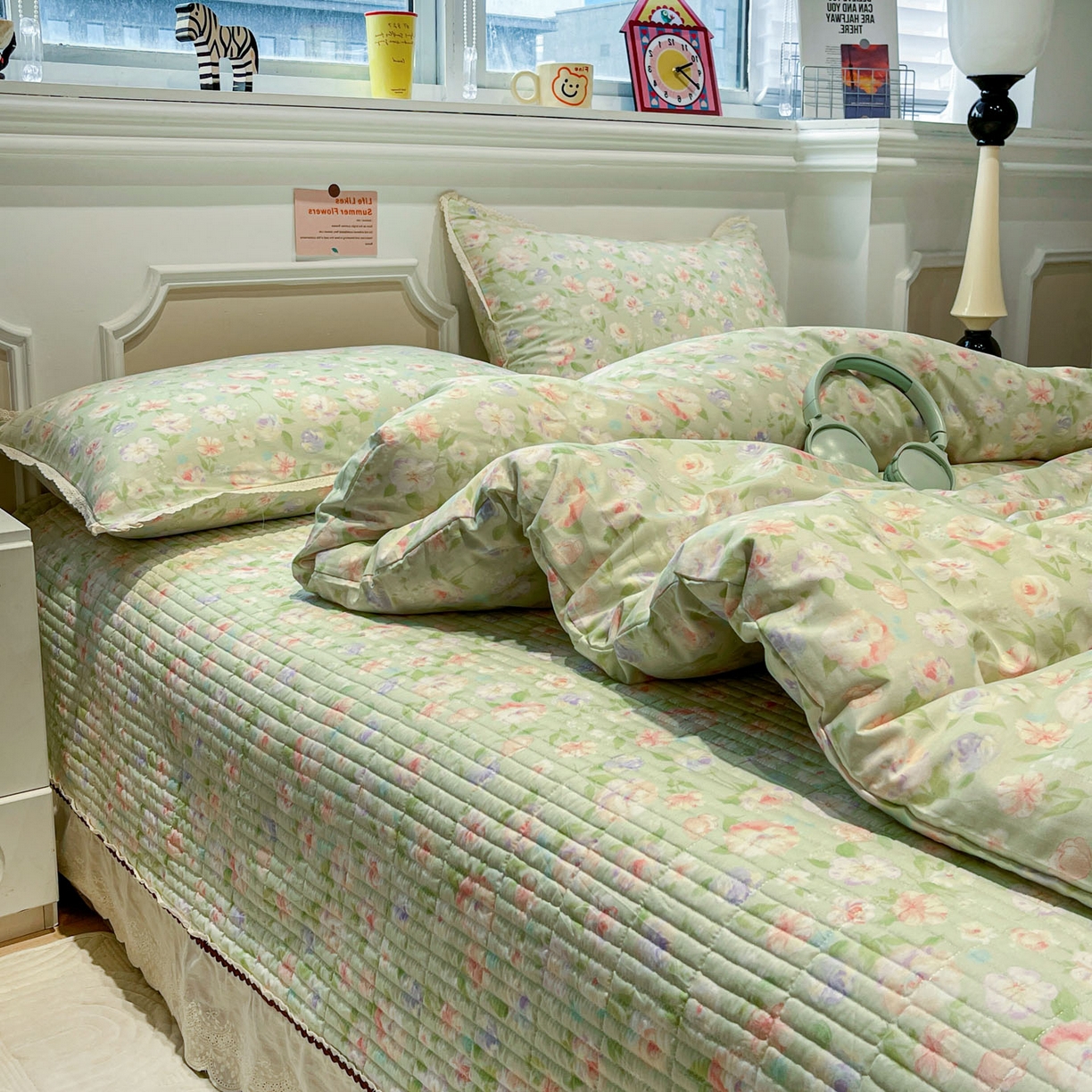 91家纺网 家纺一手货源 找家纺 娜朵家纺 2026新款全棉印花床盖四件套 春晓绿