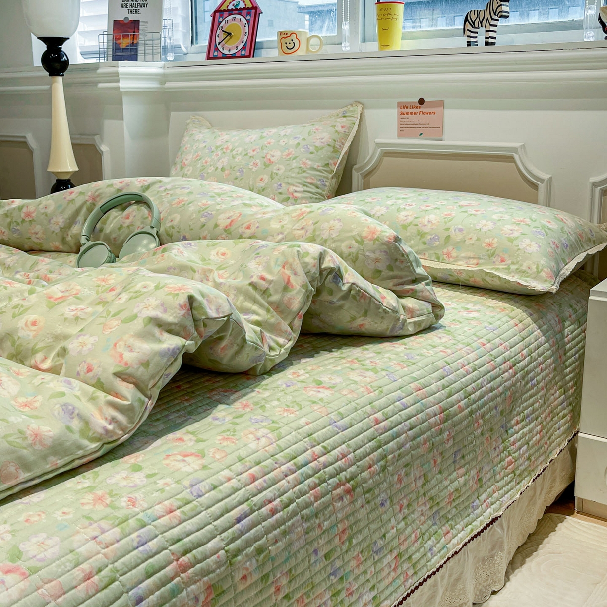 91家纺网 家纺一手货源 找家纺 娜朵家纺 2026新款全棉印花床盖四件套 春晓绿