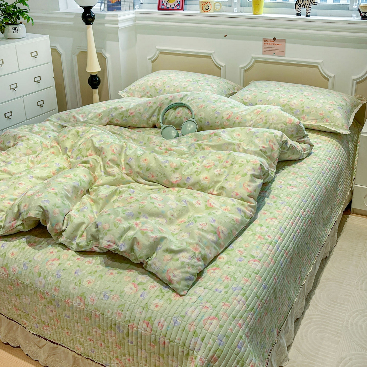 91家纺网 家纺一手货源 找家纺 娜朵家纺 2026新款全棉印花床盖四件套 春晓绿