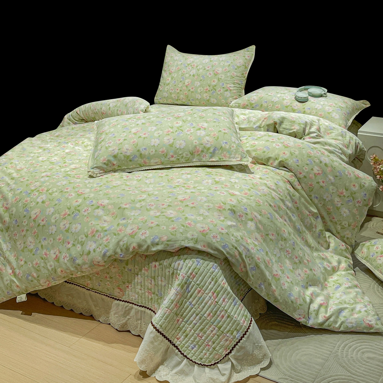 91家纺网 家纺一手货源 找家纺 娜朵家纺 2026新款全棉印花床盖四件套 春晓绿