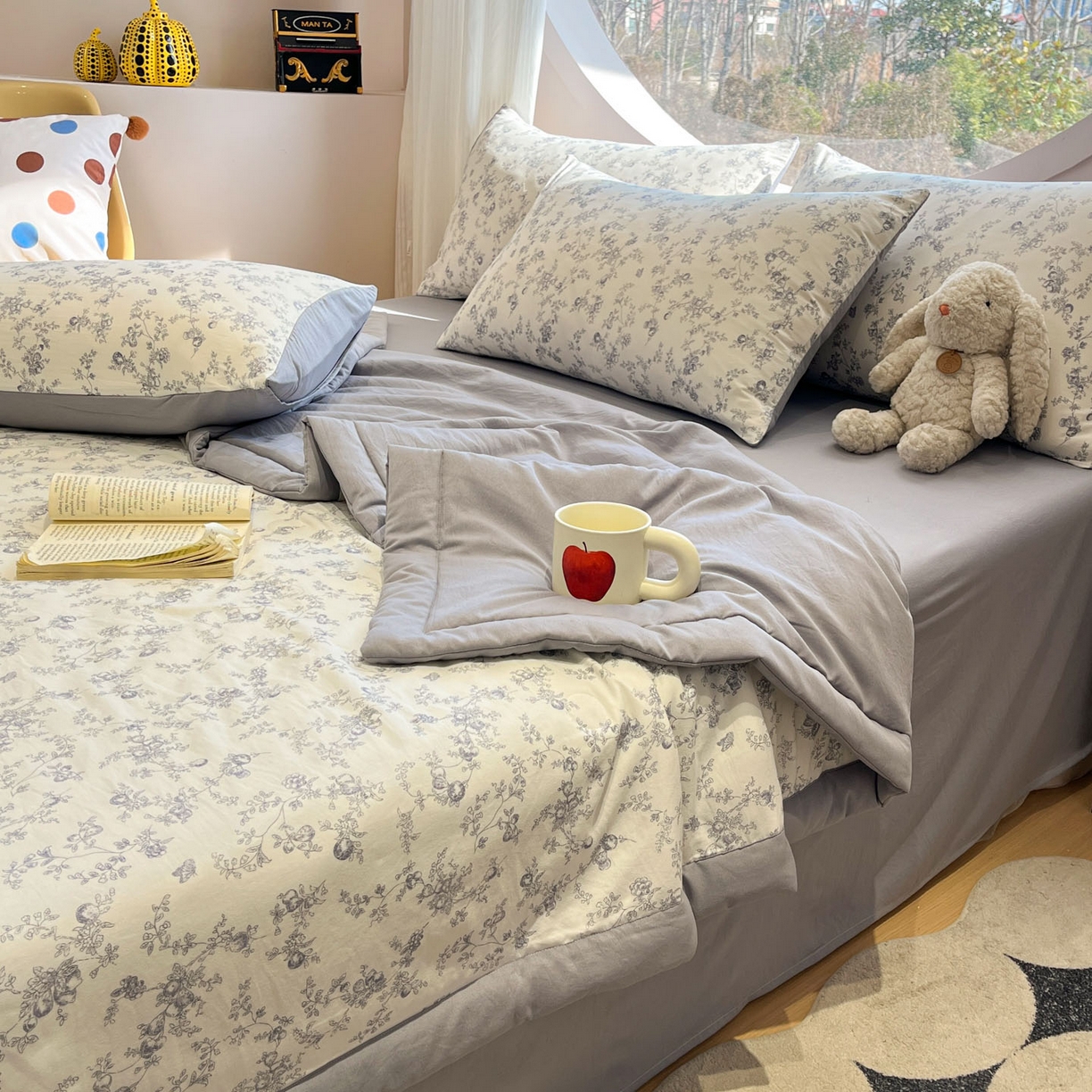 91家纺网 家纺一手货源 找家纺 一加一 2026新款洛卡棉印花大豆夏被四件套 白瓷花絮