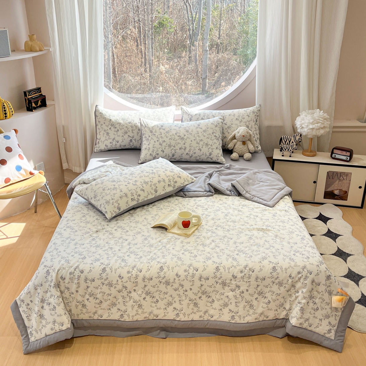 91家纺网 家纺一手货源 找家纺 一加一 2026新款洛卡棉印花大豆夏被四件套 白瓷花絮