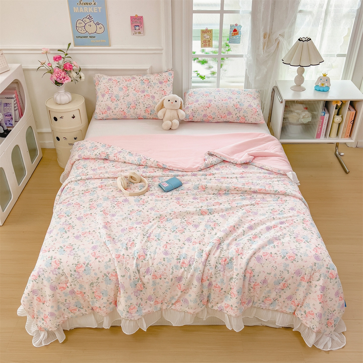 91家纺网 家纺一手货源 找家纺 兄弟坊 2026春夏新款小清新凉感韩版花边夏被夏凉被午睡被空调被 朵朵锦簇