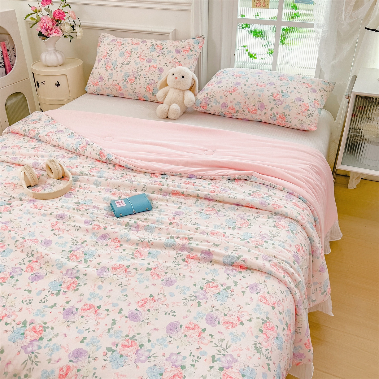 91家纺网 家纺一手货源 找家纺 兄弟坊 2026春夏新款小清新凉感韩版花边夏被夏凉被午睡被空调被 朵朵锦簇