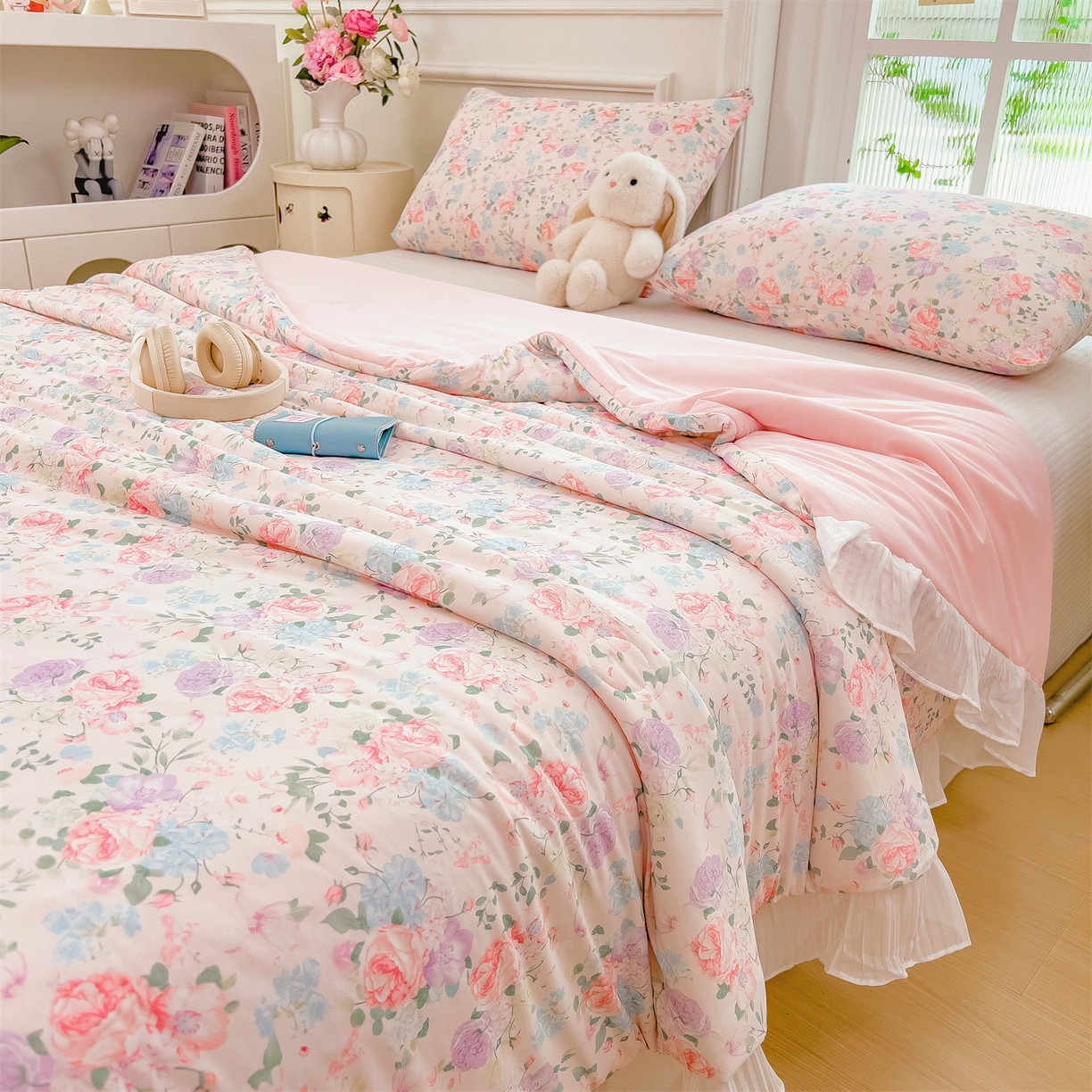 91家纺网 家纺一手货源 找家纺 兄弟坊 2026春夏新款小清新凉感韩版花边夏被夏凉被午睡被空调被 朵朵锦簇