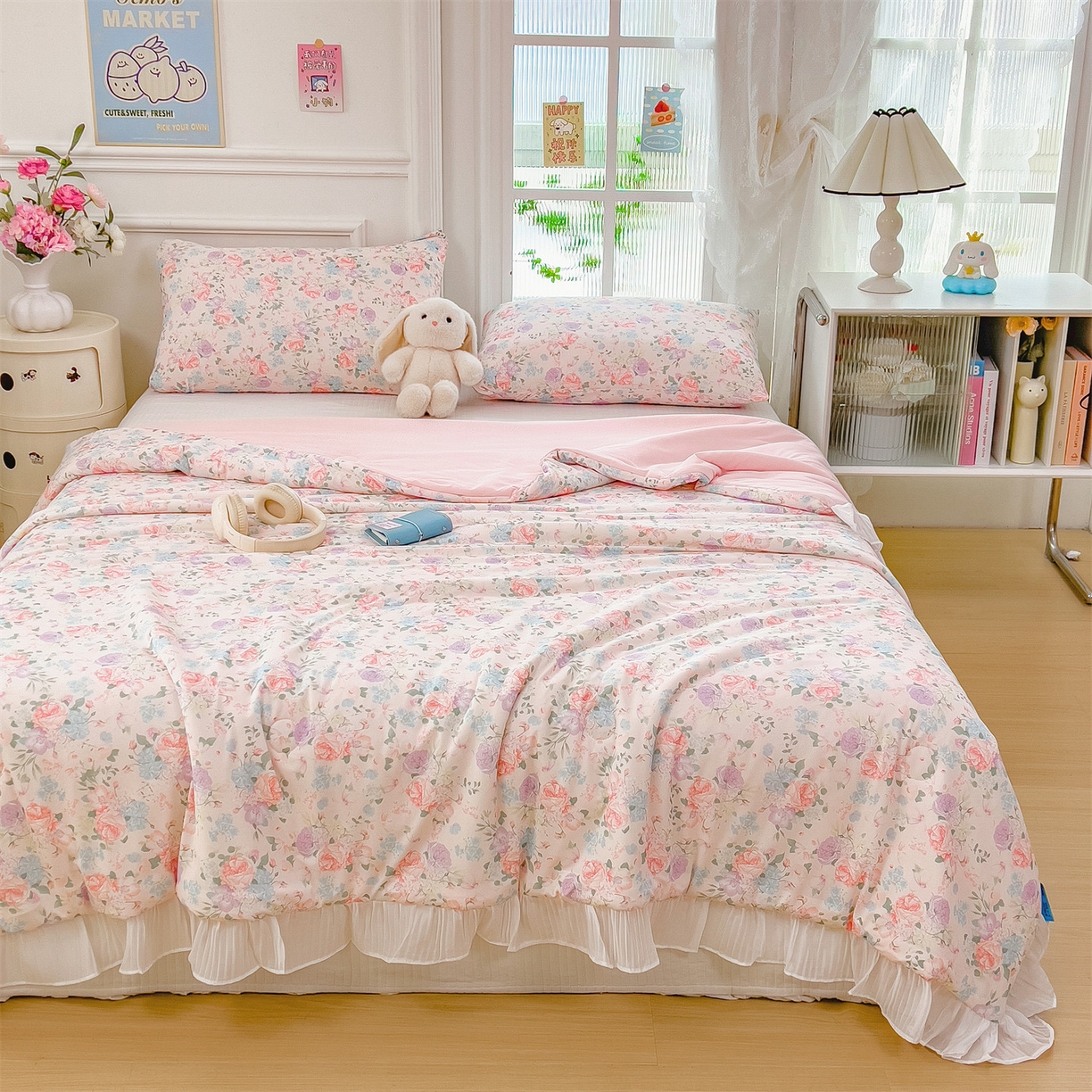 91家纺网 家纺一手货源 找家纺 兄弟坊 2026春夏新款小清新凉感韩版花边夏被夏凉被午睡被空调被 朵朵锦簇