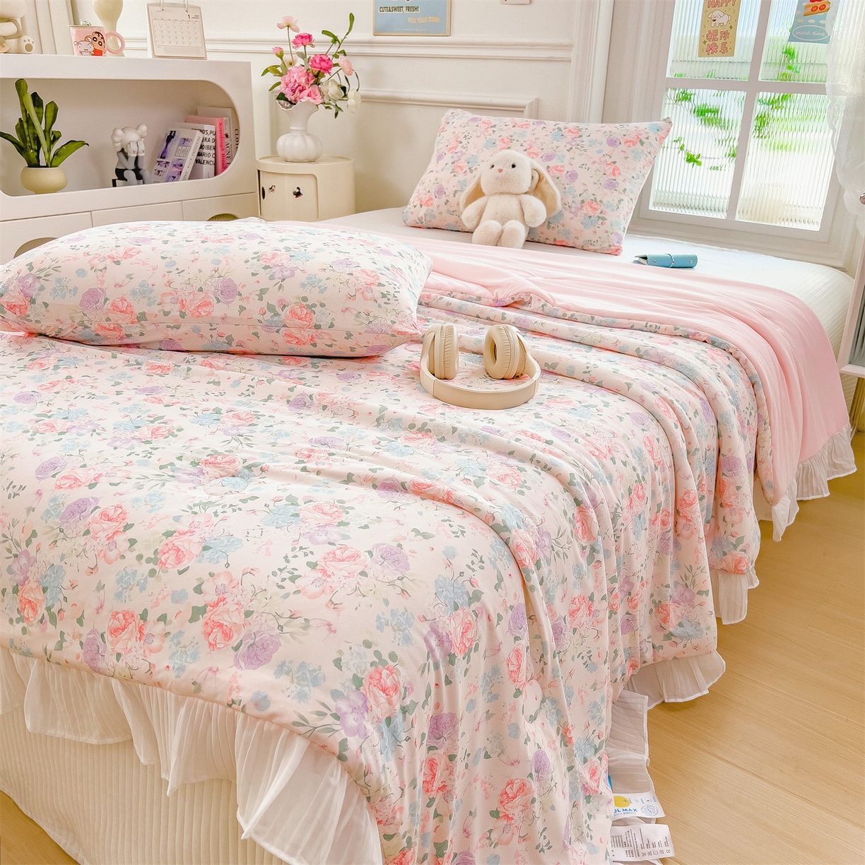 91家纺网 家纺一手货源 找家纺 兄弟坊 2026春夏新款小清新凉感韩版花边夏被夏凉被午睡被空调被 朵朵锦簇