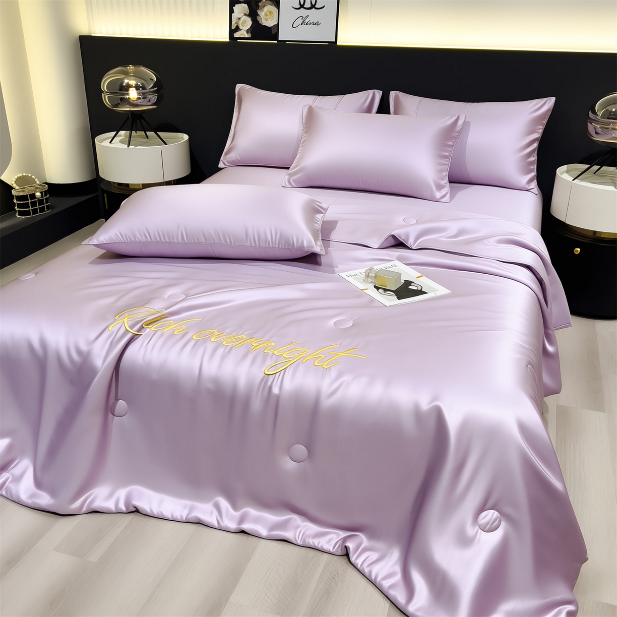 91家纺网 家纺一手货源 找家纺 兄弟坊 2026春夏新款水洗冰丝刺绣纯色夏被夏被四件套夏凉被空调被 云锦紫