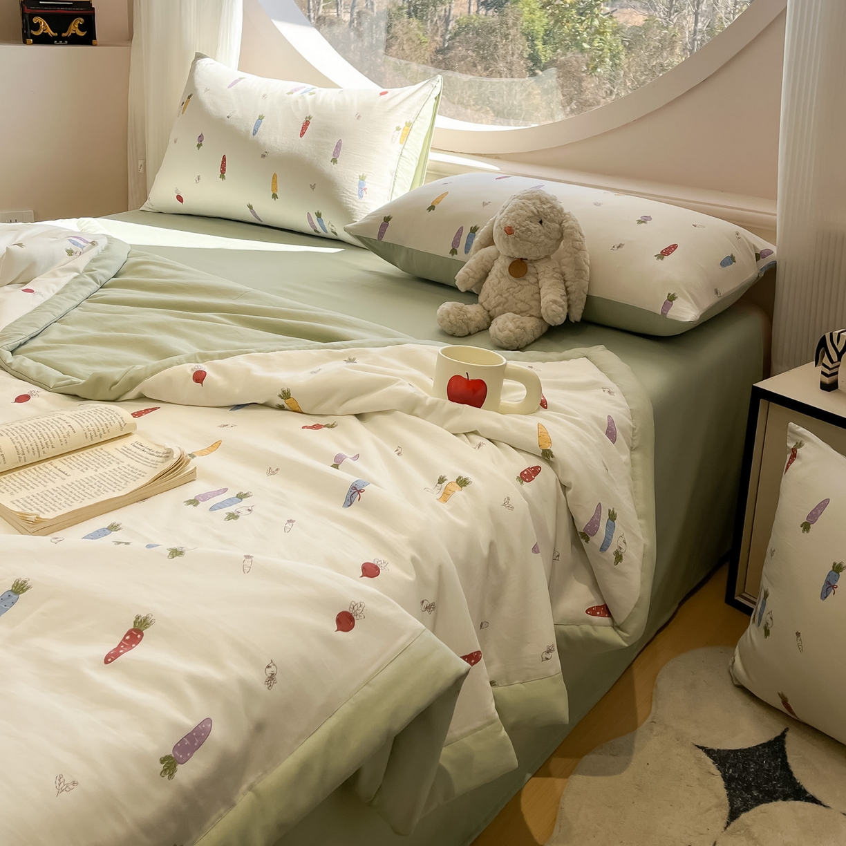 91家纺网 家纺一手货源 找家纺 一加一 2026新款洛卡棉印花大豆夏被四件套 彩色萝卜