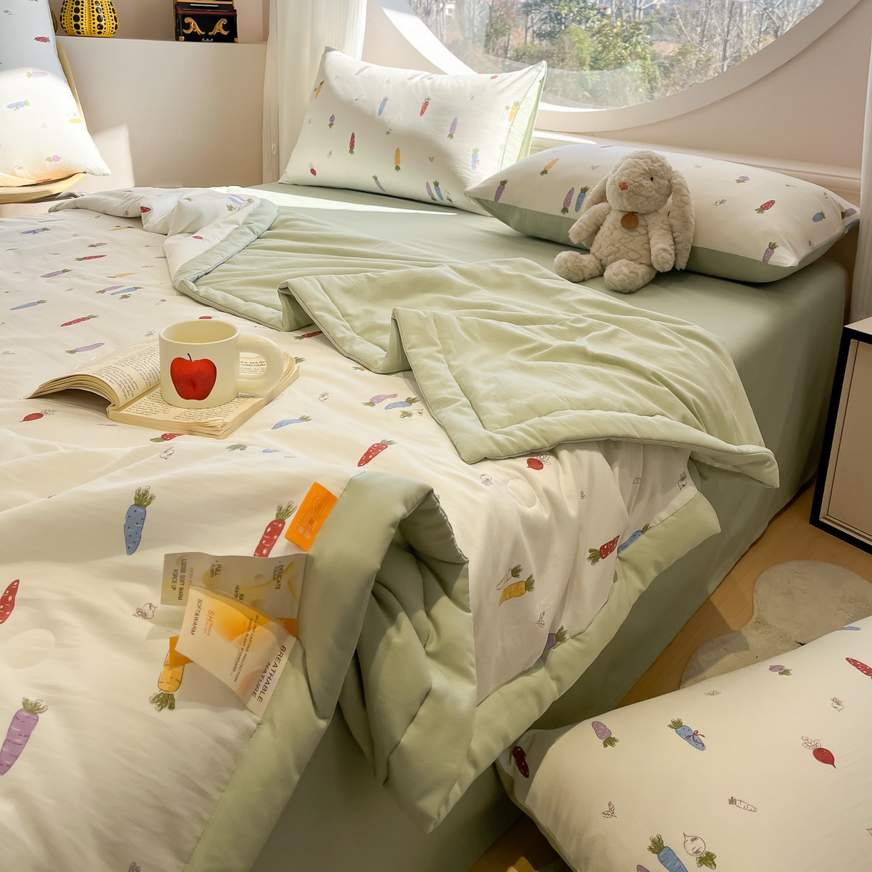 91家纺网 家纺一手货源 找家纺 一加一 2026新款洛卡棉印花大豆夏被四件套 彩色萝卜