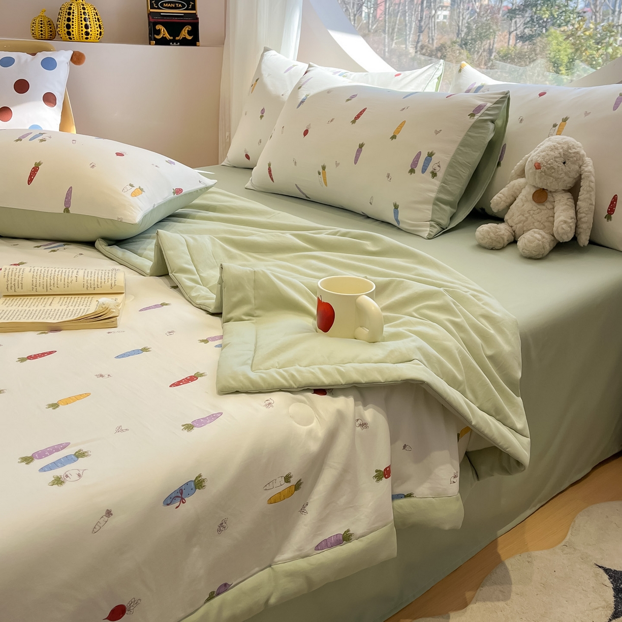 91家纺网 家纺一手货源 找家纺 一加一 2026新款洛卡棉印花大豆夏被四件套 彩色萝卜