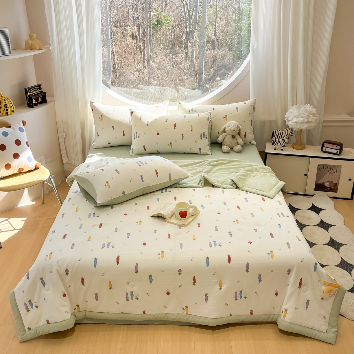 91家纺网 家纺一手货源 找家纺 一加一 2026新款洛卡棉印花大豆夏被四件套 彩色萝卜