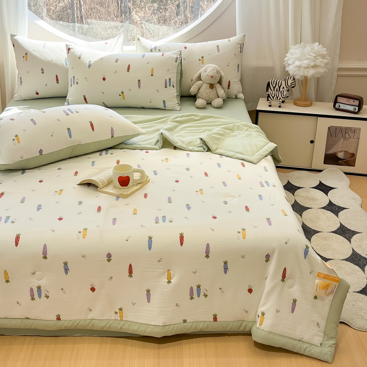 91家纺网 家纺一手货源 找家纺 一加一 2026新款洛卡棉印花大豆夏被四件套 彩色萝卜