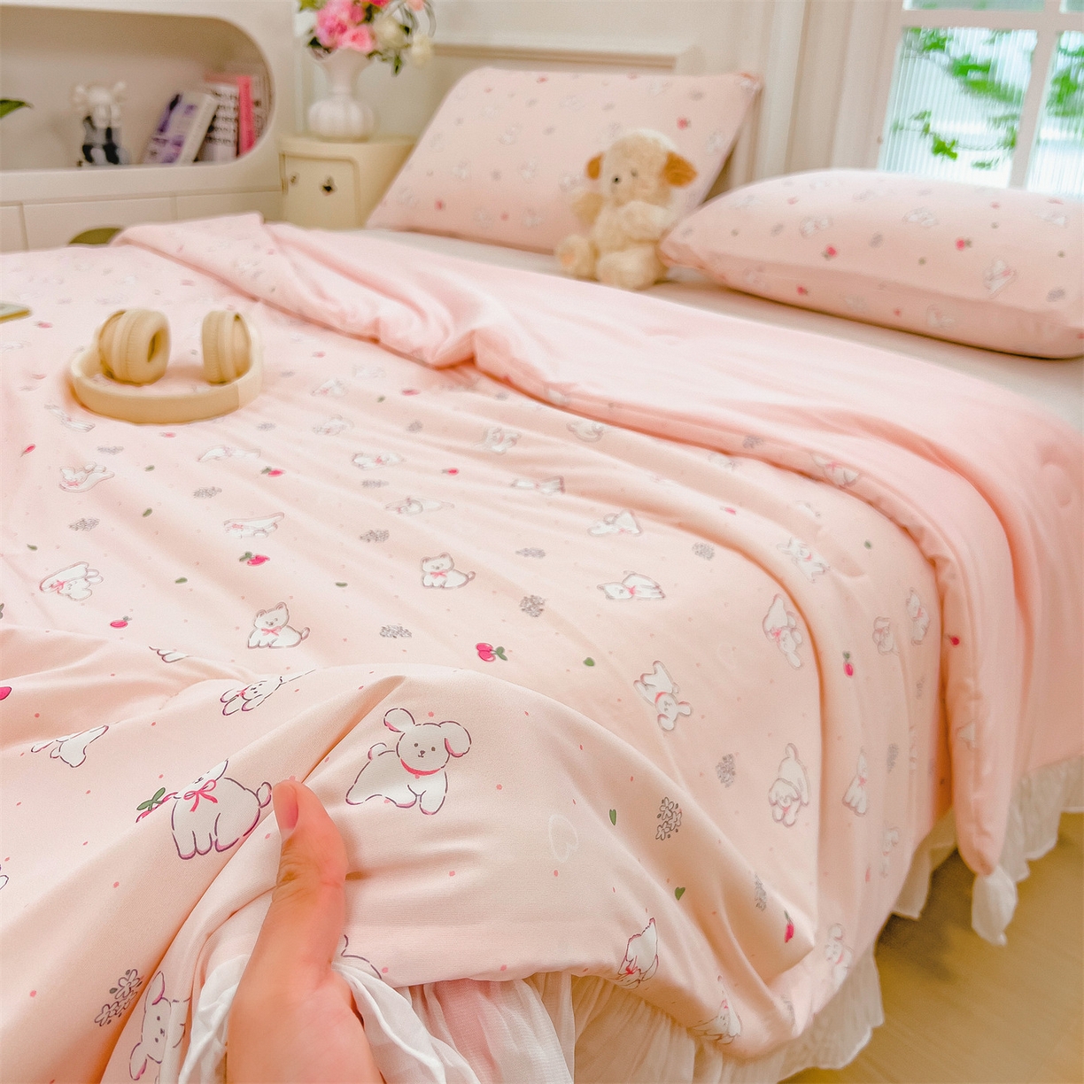 91家纺网 家纺一手货源 找家纺 兄弟坊 2026春夏新款小清新凉感韩版花边夏被夏凉被午睡被空调被 狗狗游乐场-粉色