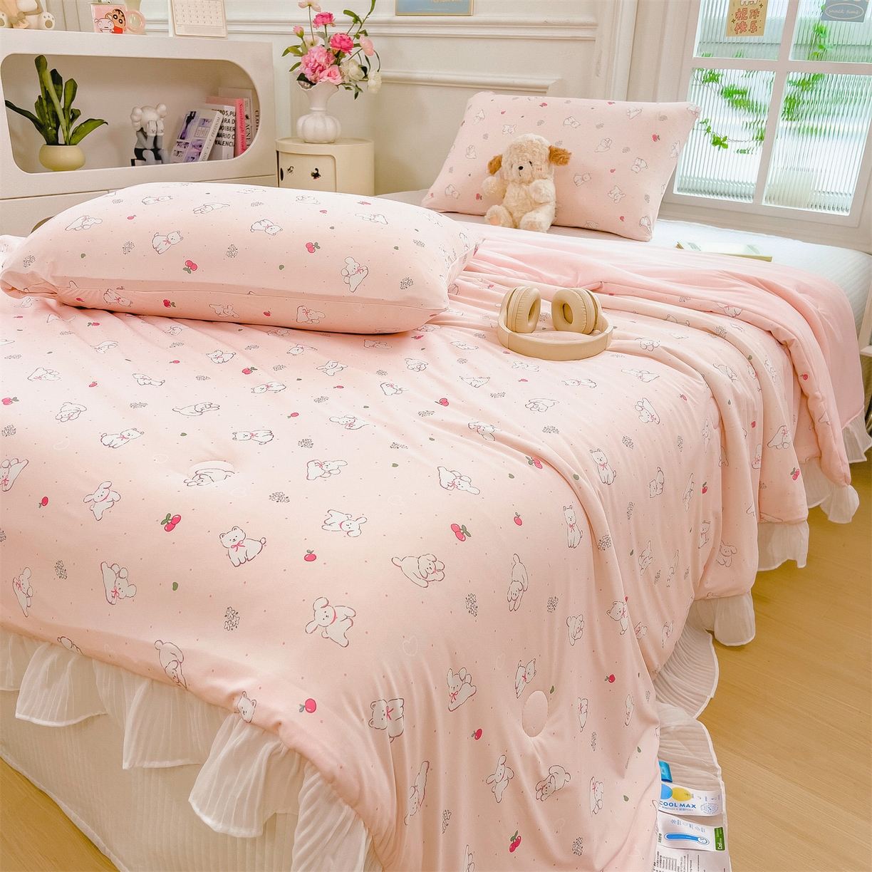 91家纺网 家纺一手货源 找家纺 兄弟坊 2026春夏新款小清新凉感韩版花边夏被夏凉被午睡被空调被 狗狗游乐场-粉色