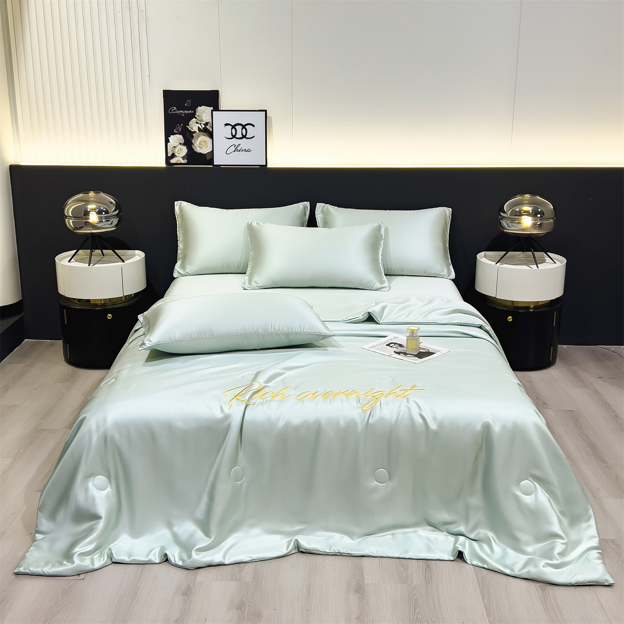 91家纺网 家纺一手货源 找家纺 兄弟坊 2026春夏新款水洗冰丝刺绣纯色夏被夏被四件套夏凉被空调被 春芽绿