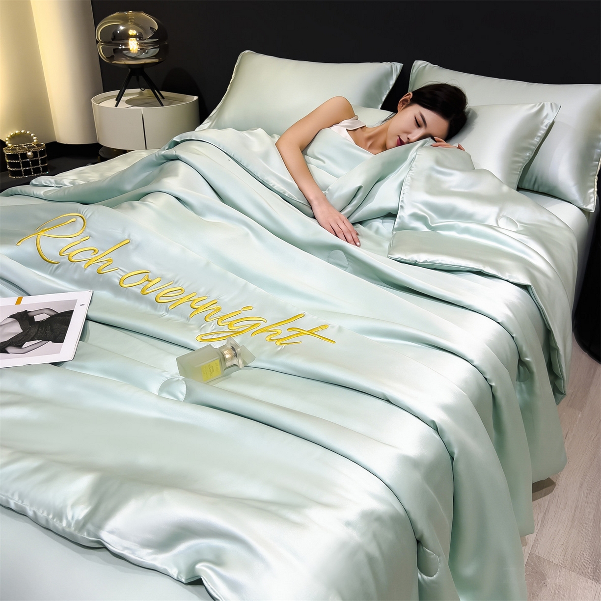 91家纺网 家纺一手货源 找家纺 兄弟坊 2026春夏新款水洗冰丝刺绣纯色夏被夏被四件套夏凉被空调被 春芽绿