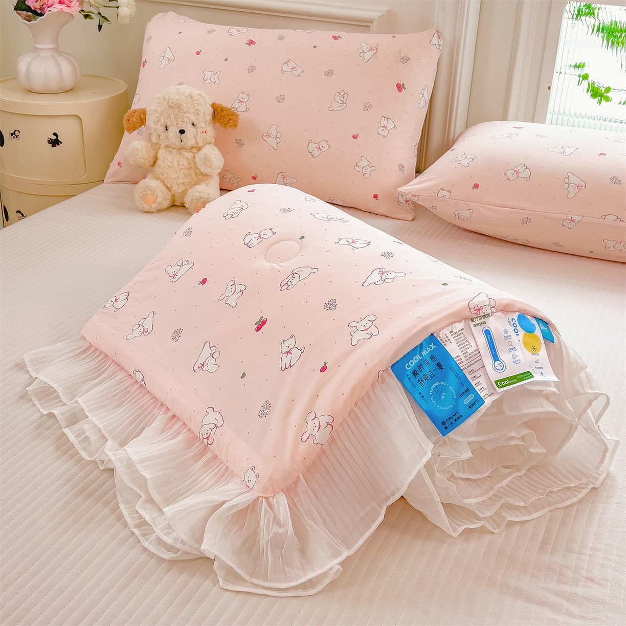 91家纺网 家纺一手货源 找家纺 兄弟坊 2026春夏新款小清新凉感韩版花边夏被夏凉被午睡被空调被 狗狗游乐场-粉色