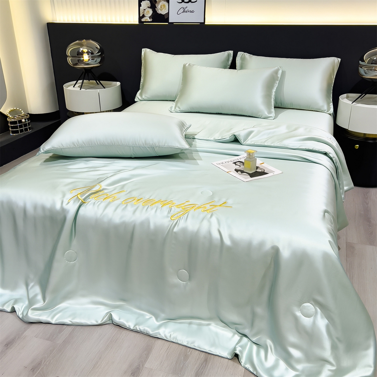 91家纺网 家纺一手货源 找家纺 兄弟坊 2026春夏新款水洗冰丝刺绣纯色夏被夏被四件套夏凉被空调被 春芽绿