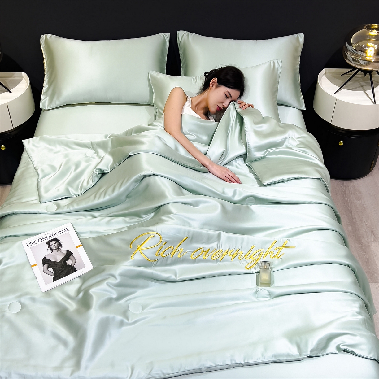 91家纺网 家纺一手货源 找家纺 兄弟坊 2026春夏新款水洗冰丝刺绣纯色夏被夏被四件套夏凉被空调被 春芽绿