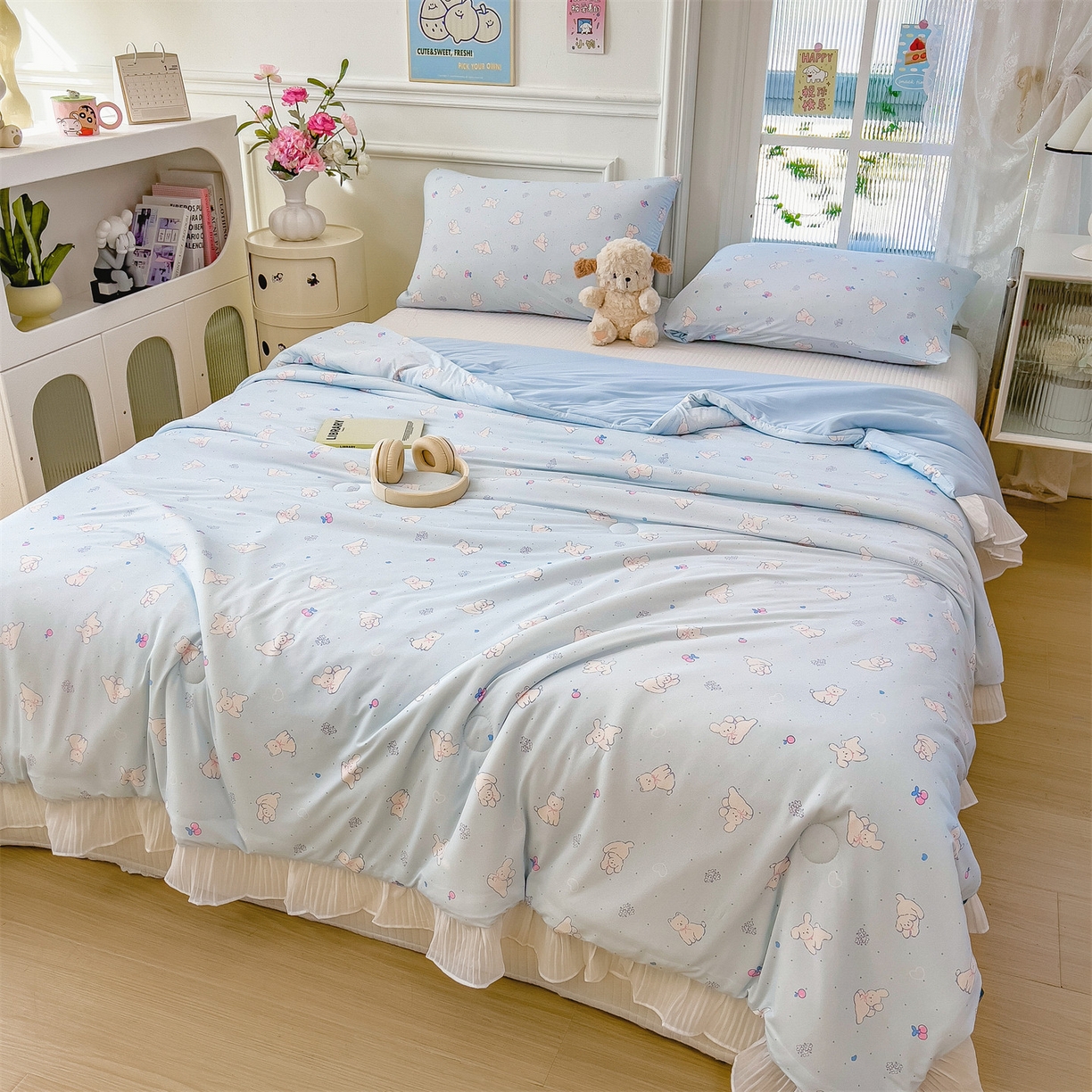 91家纺网 家纺一手货源 找家纺 兄弟坊 2026春夏新款小清新凉感韩版花边夏被夏凉被午睡被空调被 狗狗游乐场-蓝色