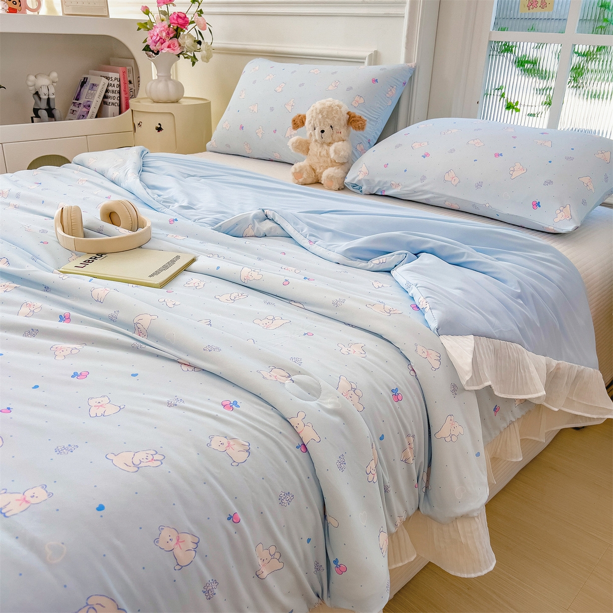 91家纺网 家纺一手货源 找家纺 兄弟坊 2026春夏新款小清新凉感韩版花边夏被夏凉被午睡被空调被 狗狗游乐场-蓝色