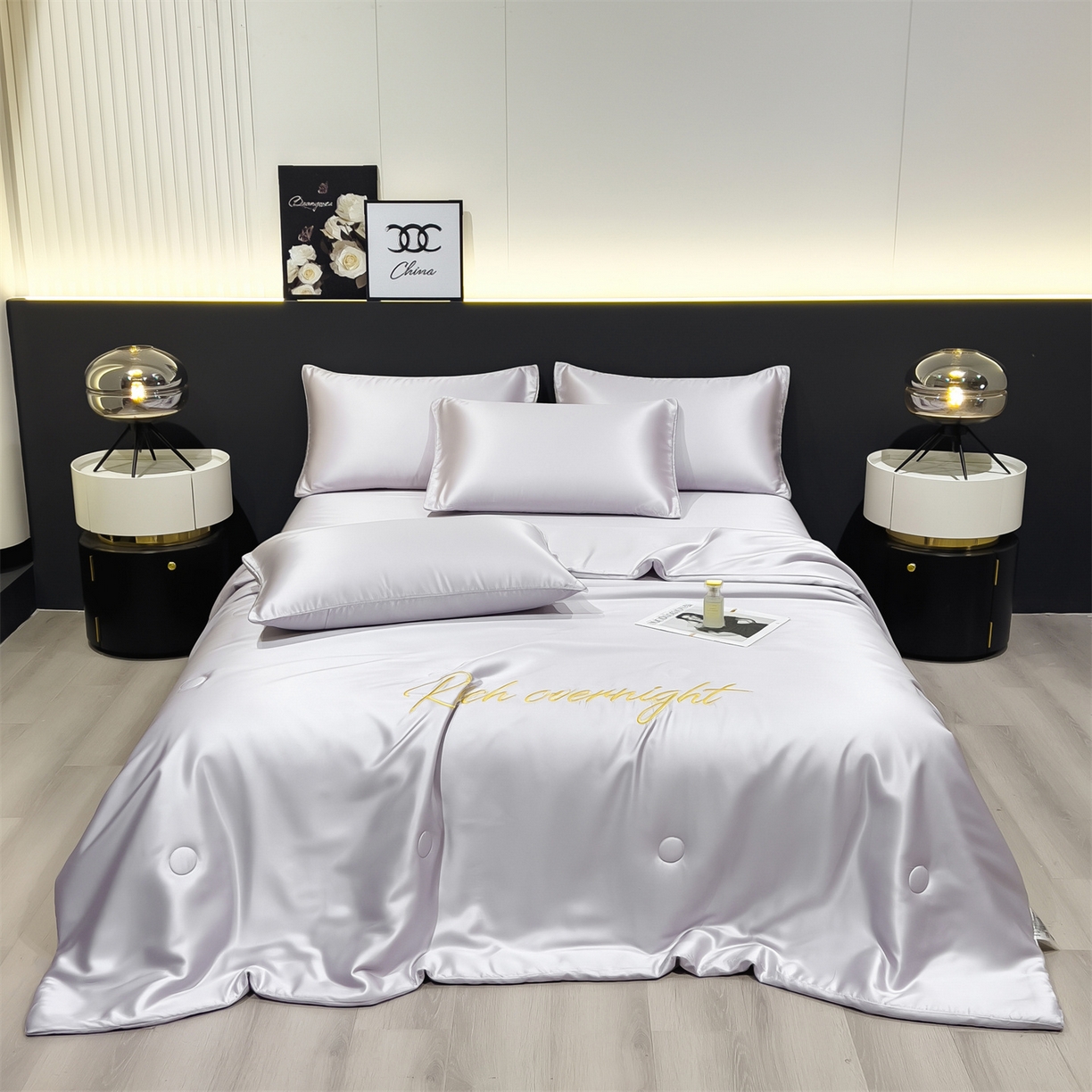 91家纺网 家纺一手货源 找家纺 兄弟坊 2026春夏新款水洗冰丝刺绣纯色夏被夏被四件套夏凉被空调被 暮山灰