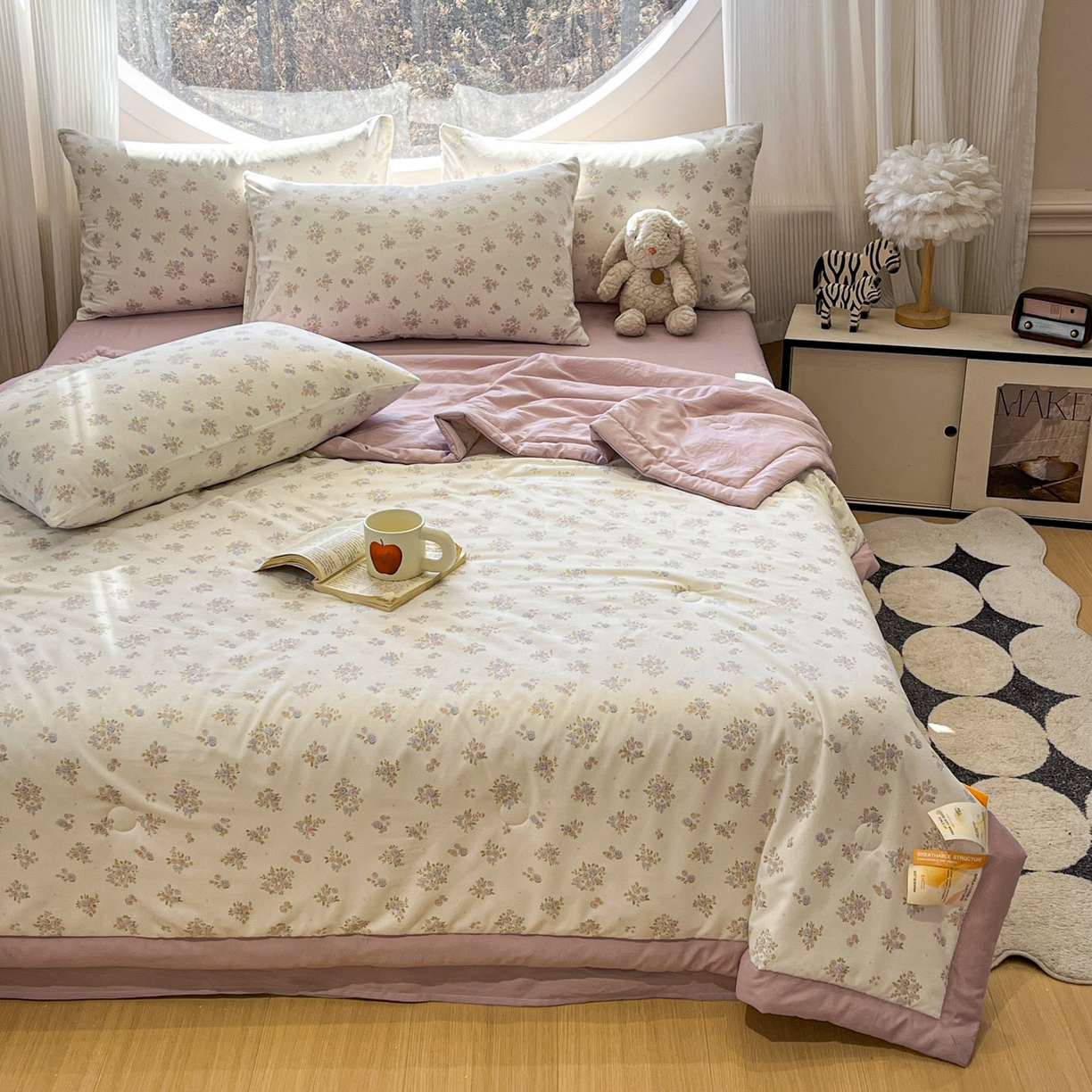 91家纺网 家纺一手货源 找家纺 一加一 2026新款洛卡棉印花大豆夏被四件套 粉紫花序