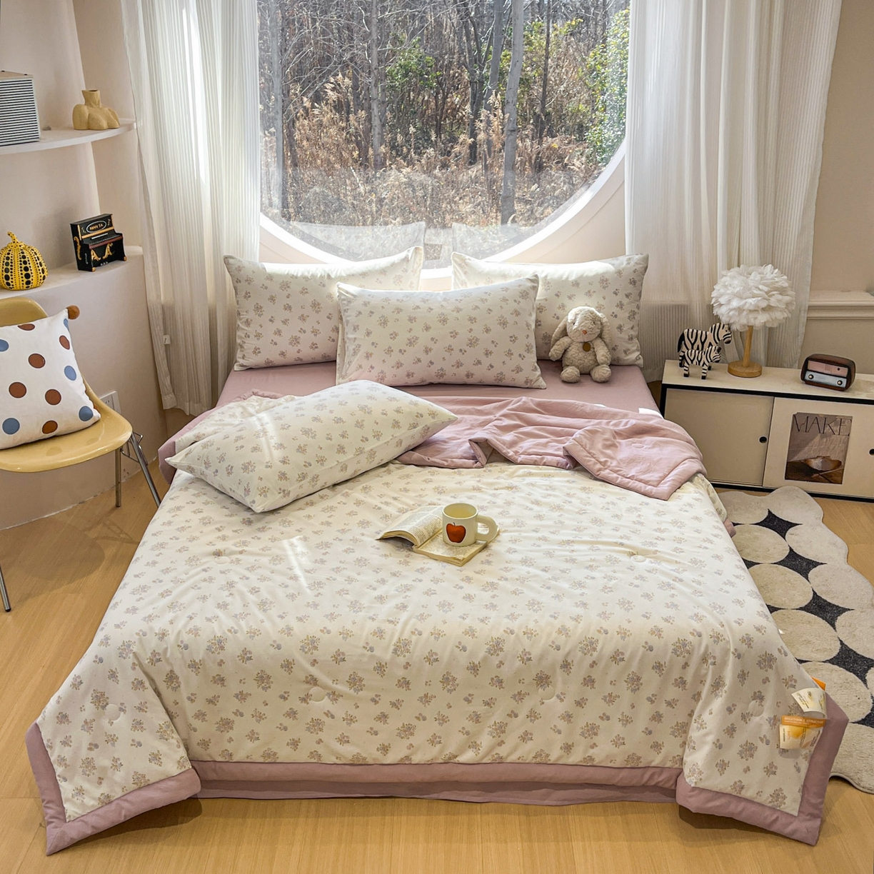 91家纺网 家纺一手货源 找家纺 一加一 2026新款洛卡棉印花大豆夏被四件套 粉紫花序