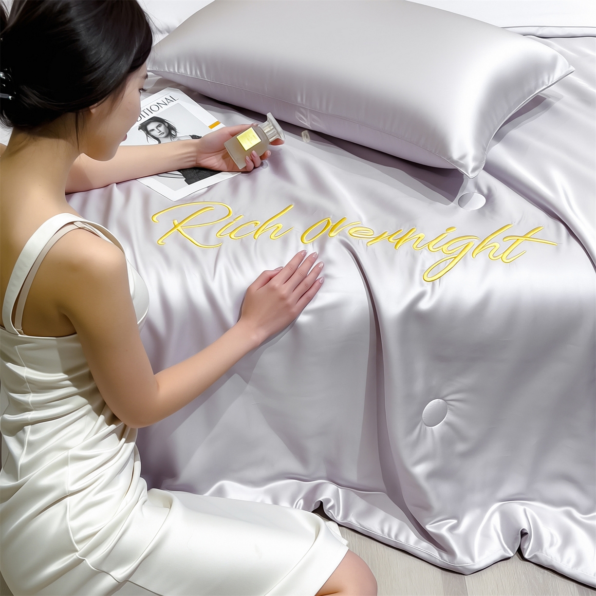 91家纺网 家纺一手货源 找家纺 兄弟坊 2026春夏新款水洗冰丝刺绣纯色夏被夏被四件套夏凉被空调被 暮山灰