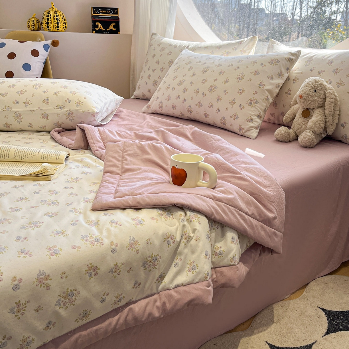 91家纺网 家纺一手货源 找家纺 一加一 2026新款洛卡棉印花大豆夏被四件套 粉紫花序