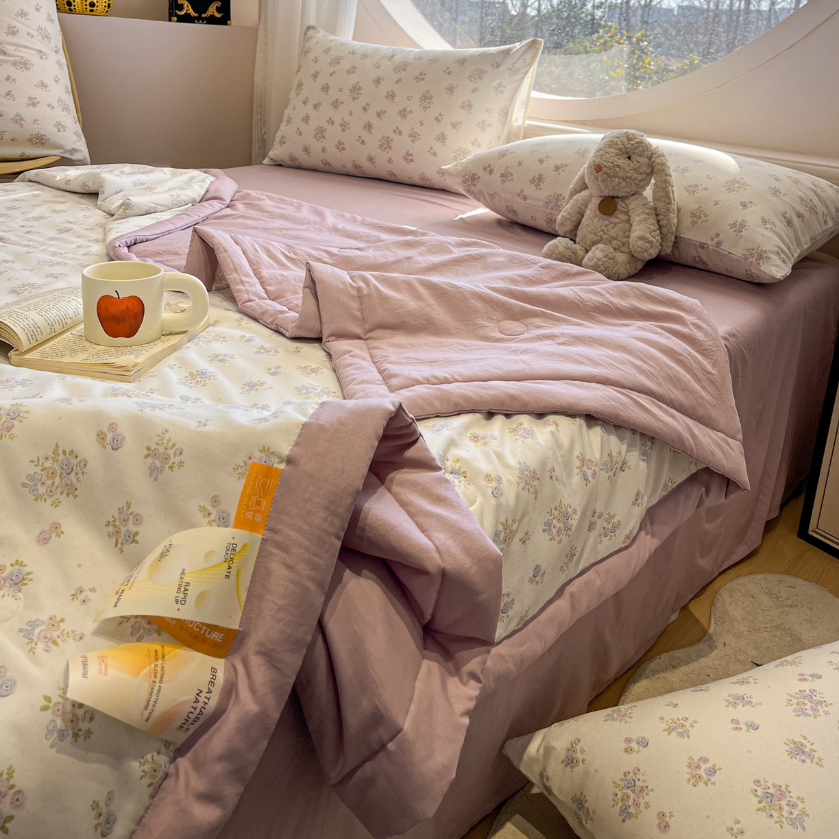 91家纺网 家纺一手货源 找家纺 一加一 2026新款洛卡棉印花大豆夏被四件套 粉紫花序