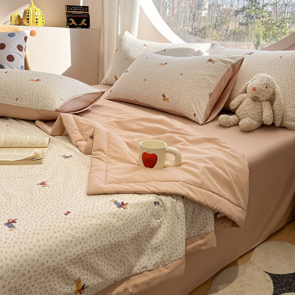 91家纺网 家纺一手货源 找家纺 一加一 2026新款洛卡棉印花大豆夏被四件套 奶芙腊肠狗