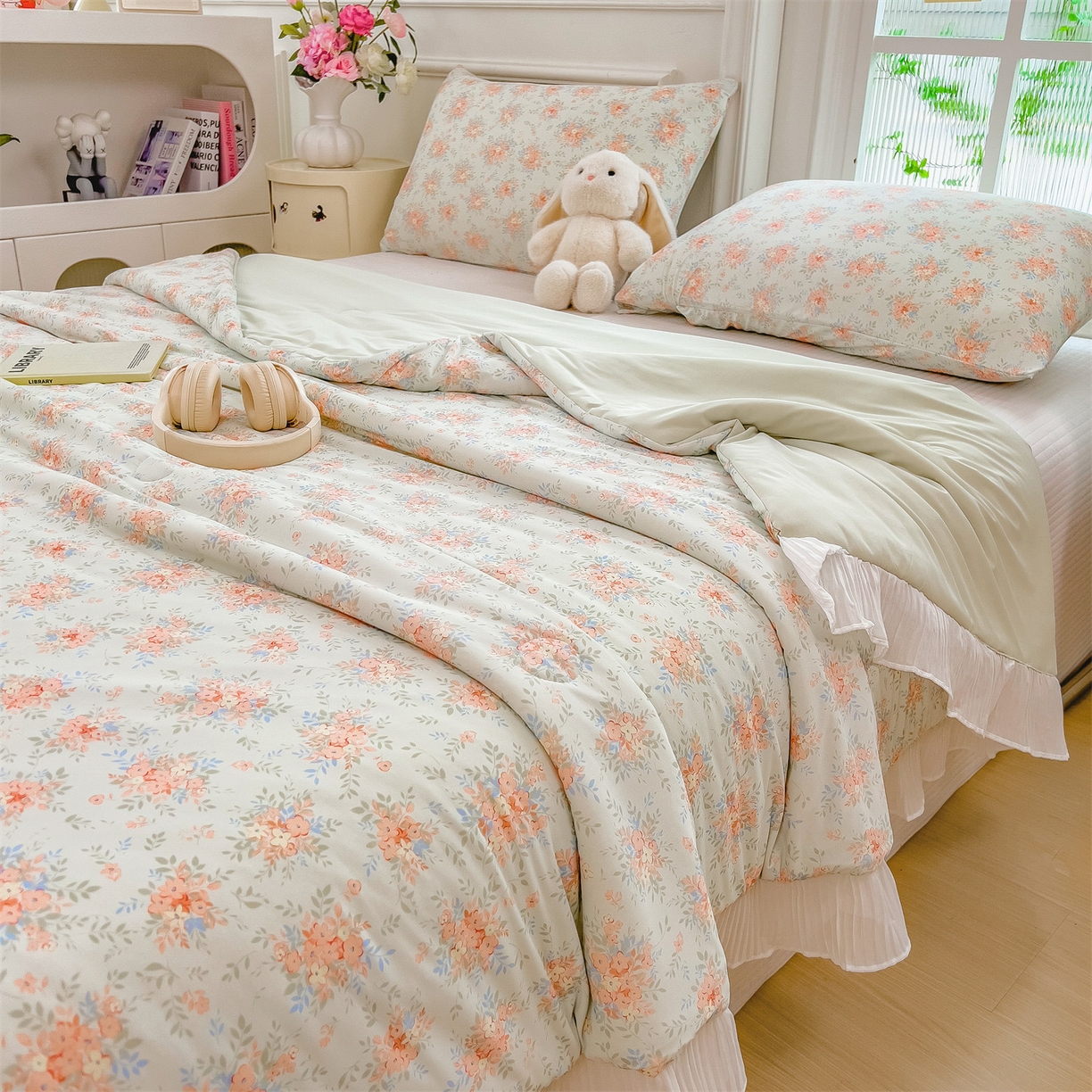 91家纺网 家纺一手货源 找家纺 兄弟坊 2026春夏新款小清新凉感韩版花边夏被夏凉被午睡被空调被 花团绿梦