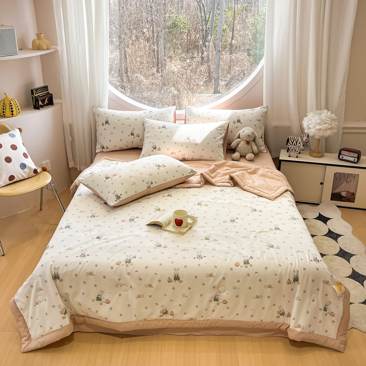 91家纺网 家纺一手货源 找家纺 一加一 2026新款洛卡棉印花大豆夏被四件套 南瓜兔派对