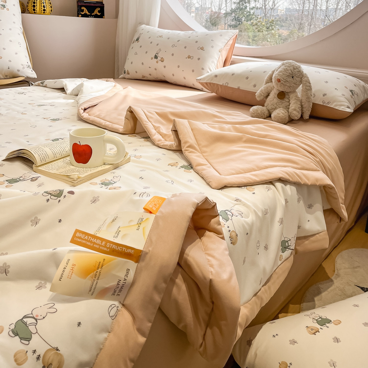 91家纺网 家纺一手货源 找家纺 一加一 2026新款洛卡棉印花大豆夏被四件套 南瓜兔派对