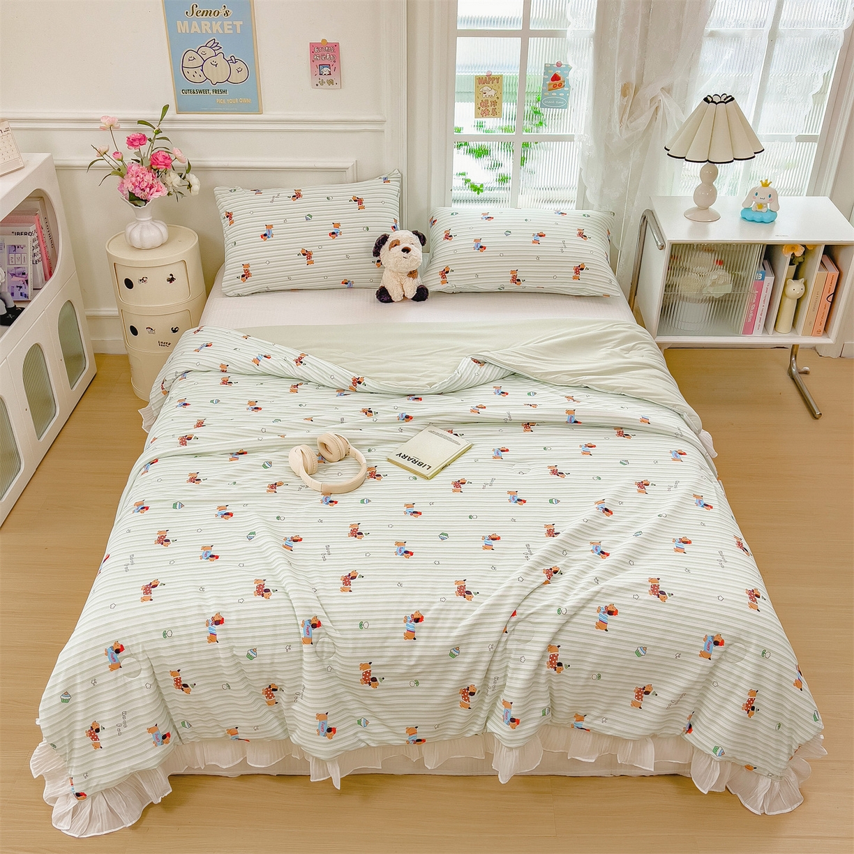 91家纺网 家纺一手货源 找家纺 兄弟坊 2026春夏新款小清新凉感韩版花边夏被夏凉被午睡被空调被 腊肠狗-条纹绿