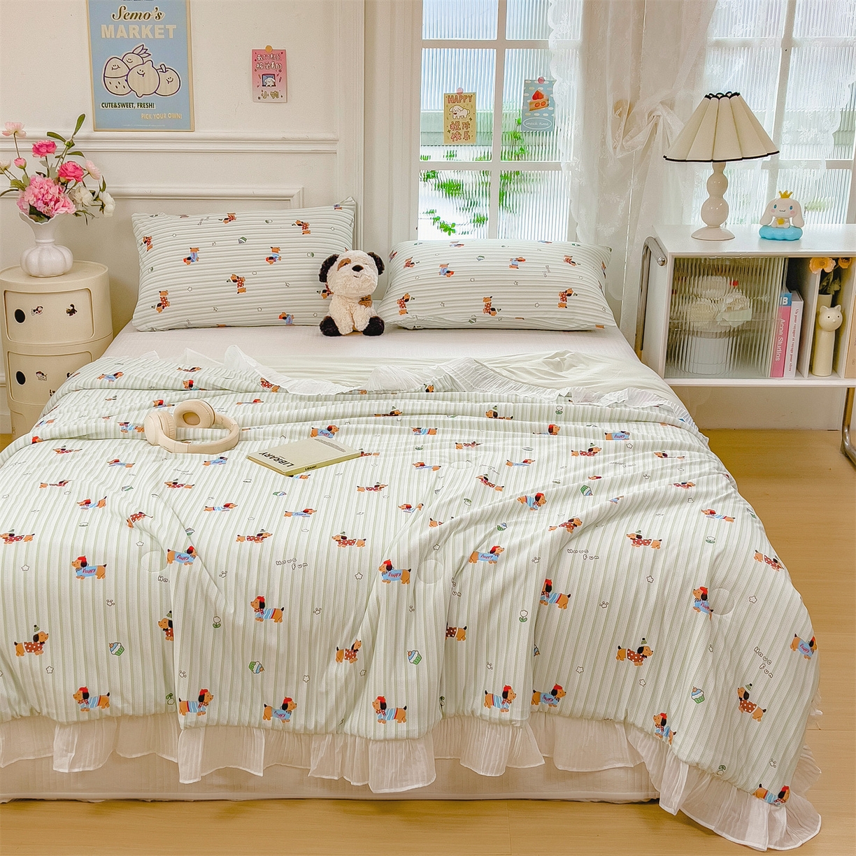 91家纺网 家纺一手货源 找家纺 兄弟坊 2026春夏新款小清新凉感韩版花边夏被夏凉被午睡被空调被 腊肠狗-条纹绿