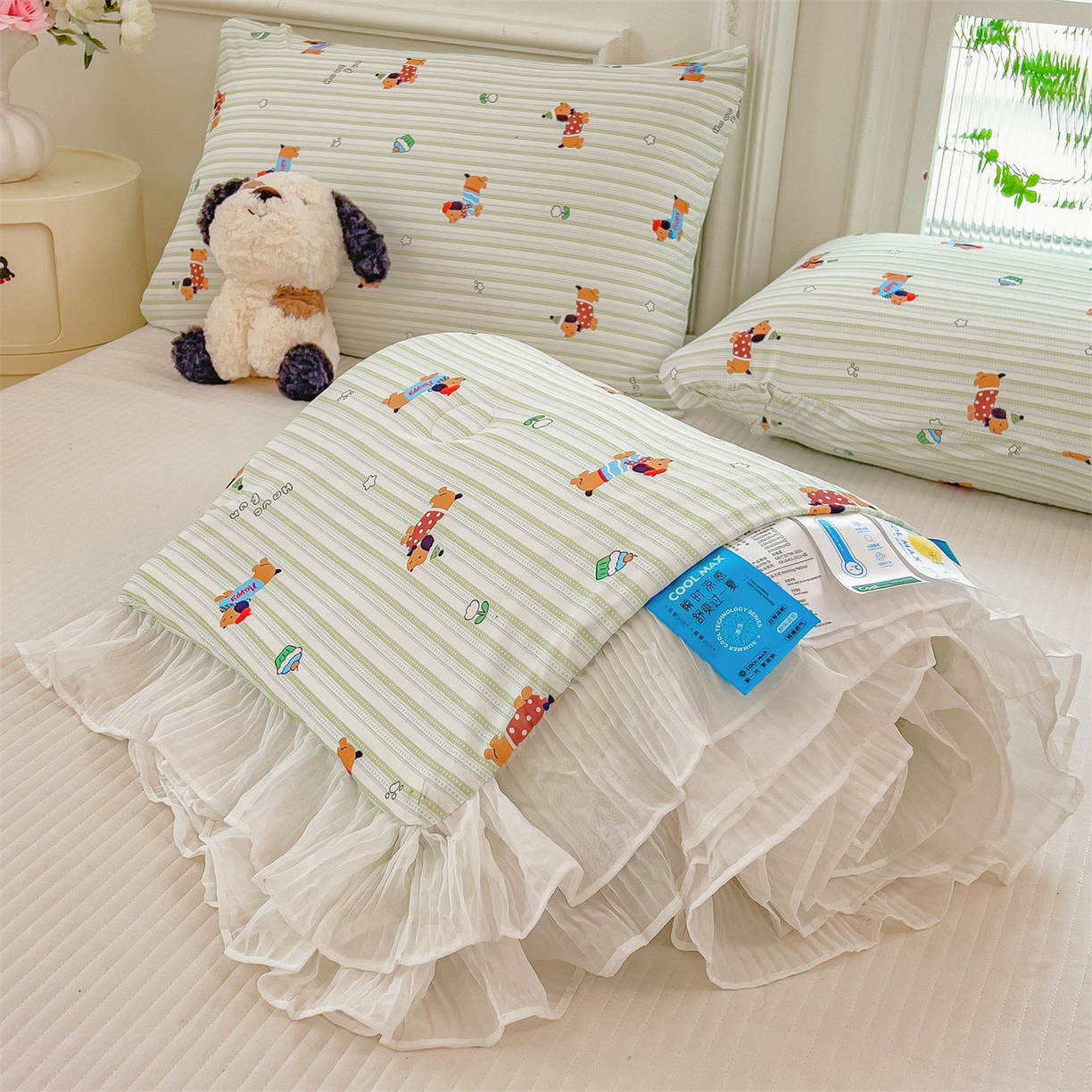 91家纺网 家纺一手货源 找家纺 兄弟坊 2026春夏新款小清新凉感韩版花边夏被夏凉被午睡被空调被 腊肠狗-条纹绿