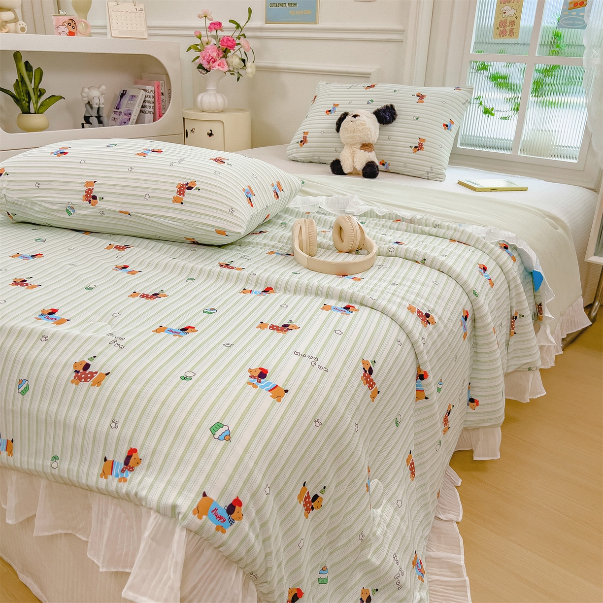 91家纺网 家纺一手货源 找家纺 兄弟坊 2026春夏新款小清新凉感韩版花边夏被夏凉被午睡被空调被 腊肠狗-条纹绿