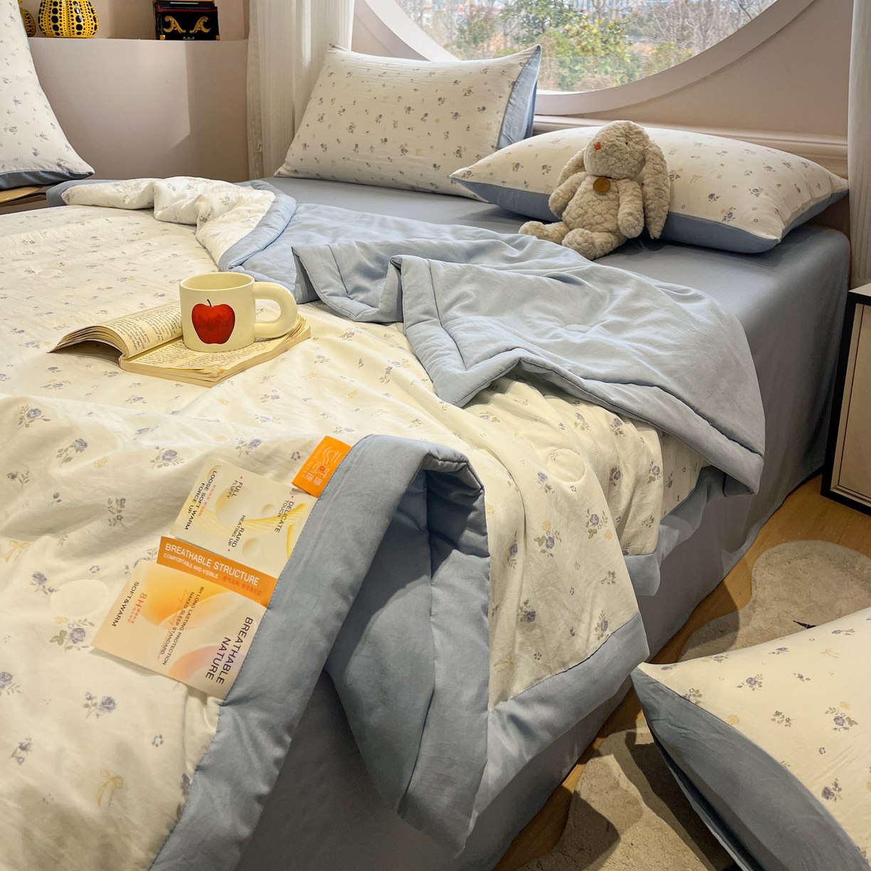 91家纺网 家纺一手货源 找家纺 一加一 2026新款洛卡棉印花大豆夏被四件套 浅蓝甜梦