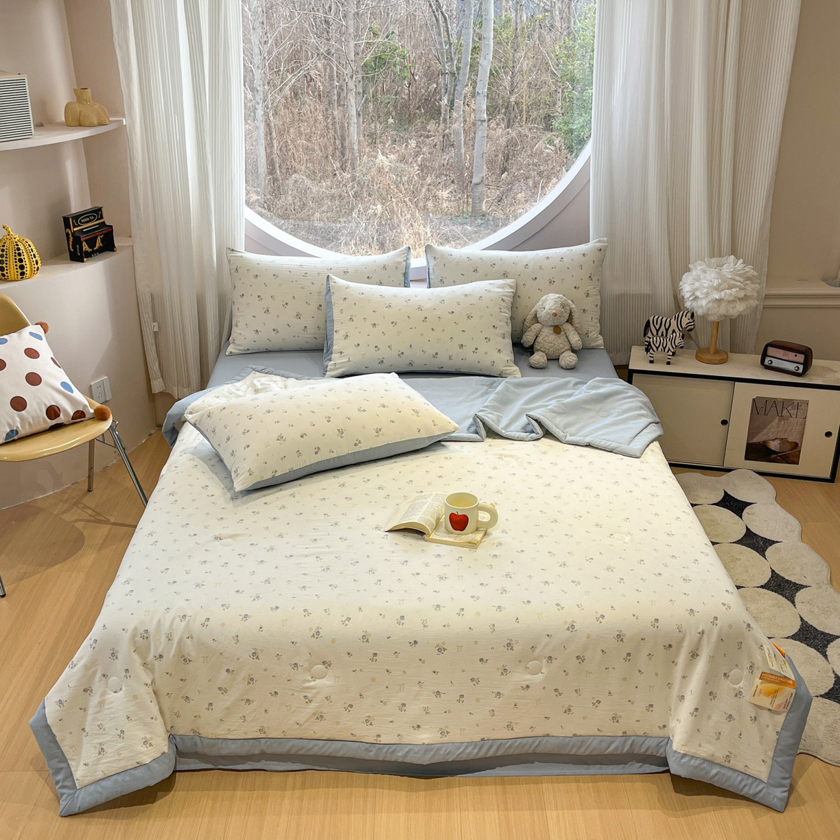 91家纺网 家纺一手货源 找家纺 一加一 2026新款洛卡棉印花大豆夏被四件套 浅蓝甜梦